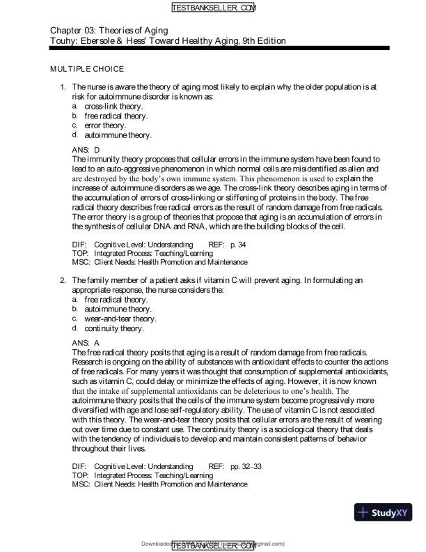 Ebersole And Hess' Toward Healthy Aging: Human Needs And Nursing Response, 9th Edition Test Bank - Page 12 preview image