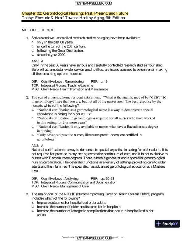Ebersole And Hess' Toward Healthy Aging: Human Needs And Nursing Response, 9th Edition Test Bank - Page 7 preview image