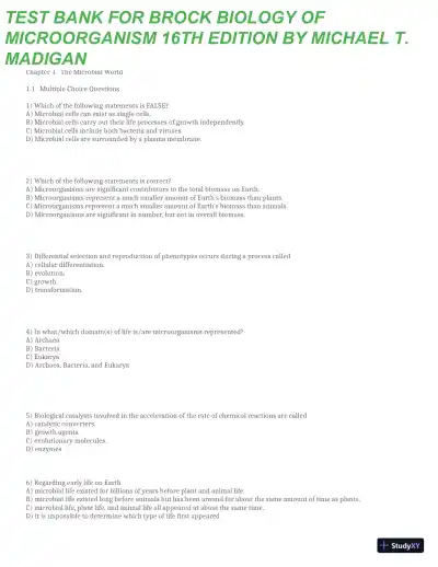 Test Bank for Brock Biology of Microorganisms, 16th Global Edition (Chapters 1-33) - Page 1 preview image
