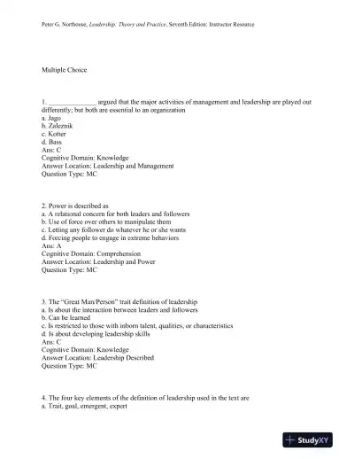 Leadership: Theory and Practice, 7th Edition Test Bank - Page 1 preview image