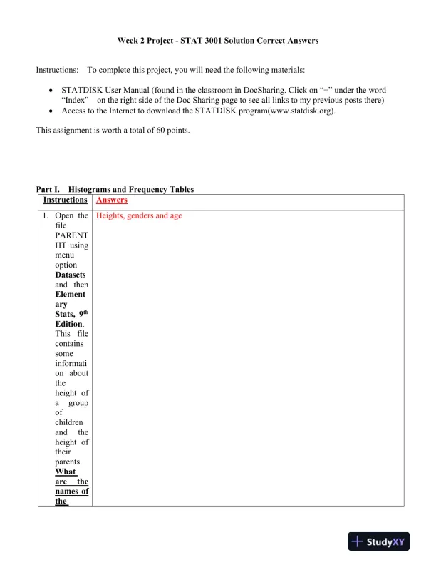 Week 2 Project - STAT 3001 Solution Correct Answers - Page 1 preview image