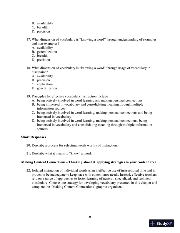 Test Bank for Improving Adolescent Literacy: Content Area Strategies At Work, 5th Edition - Page 11 preview image