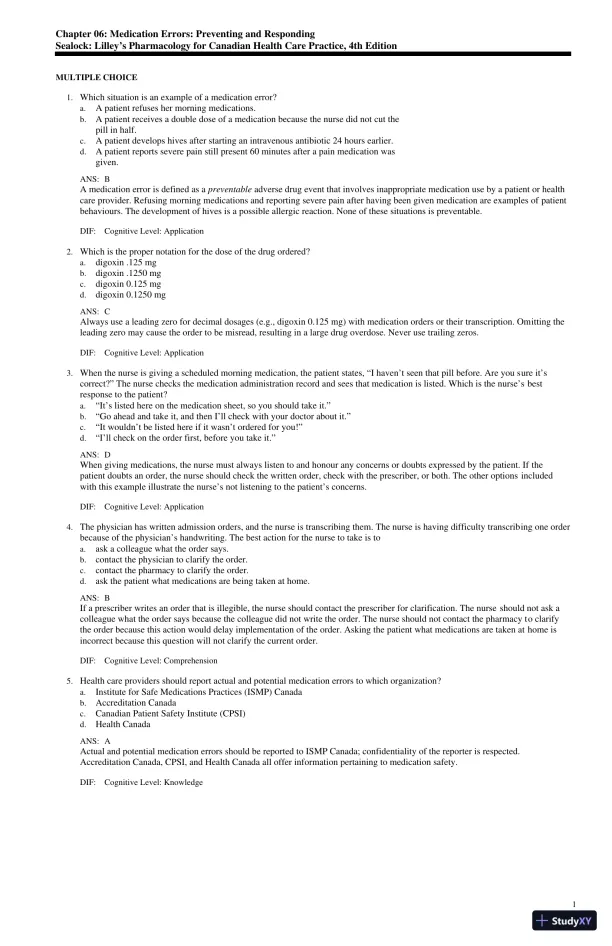 Test Bank for Lilley's Pharmacology for Canadian Health Care Practice, 4th Edition (Chapters 1-58) - Page 13 preview image