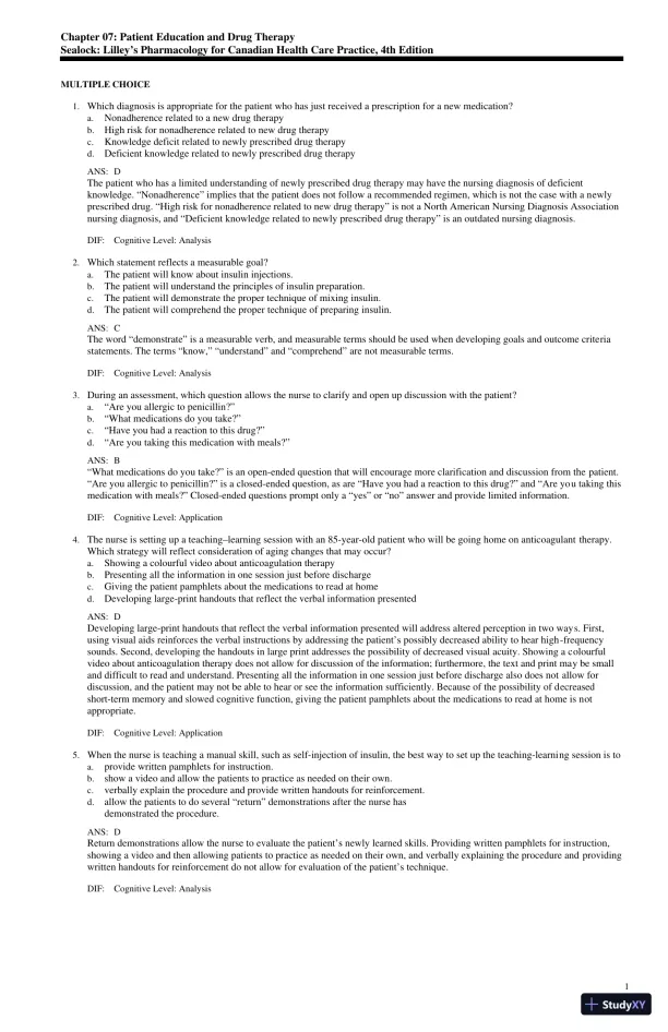 Test Bank for Lilley's Pharmacology for Canadian Health Care Practice, 4th Edition (Chapters 1-58) - Page 15 preview image