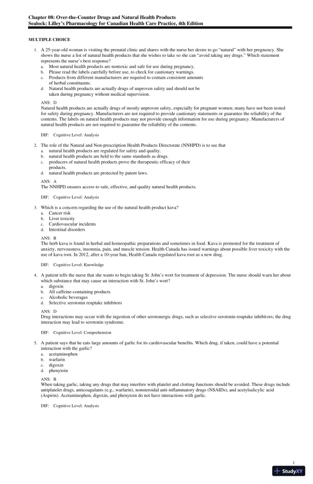 Test Bank for Lilley's Pharmacology for Canadian Health Care Practice, 4th Edition (Chapters 1-58) - Page 17 preview image