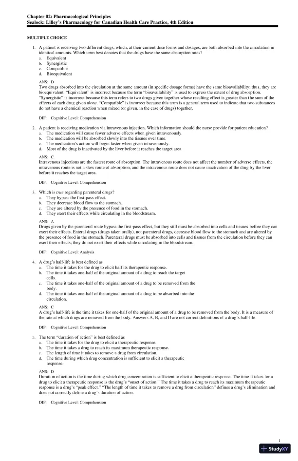 Test Bank for Lilley's Pharmacology for Canadian Health Care Practice, 4th Edition (Chapters 1-58) - Page 4 preview image
