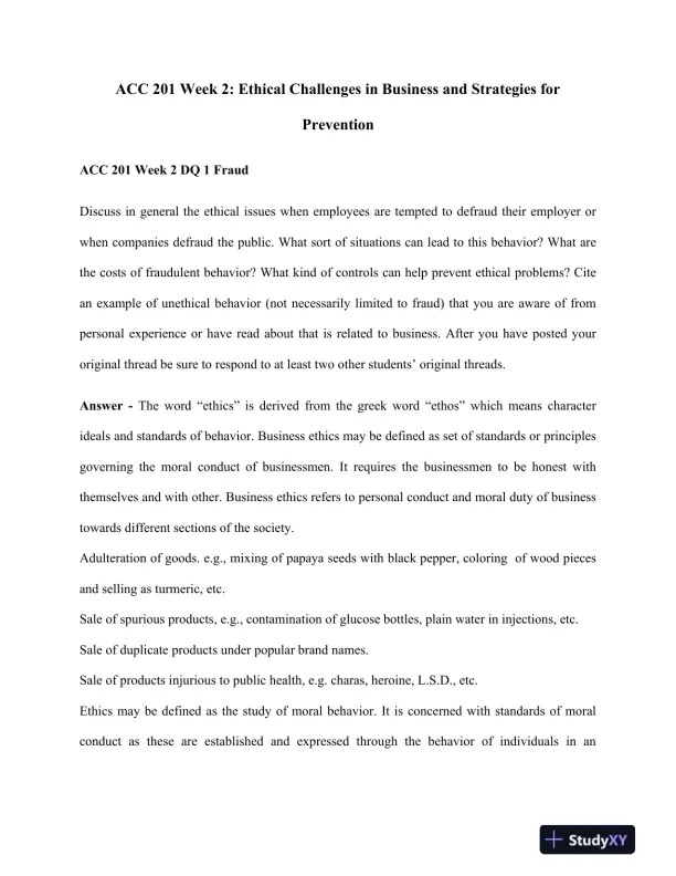 ACC 201 Week 2: Ethical Challenges in Business and Strategies for Prevention - Page 1 preview image