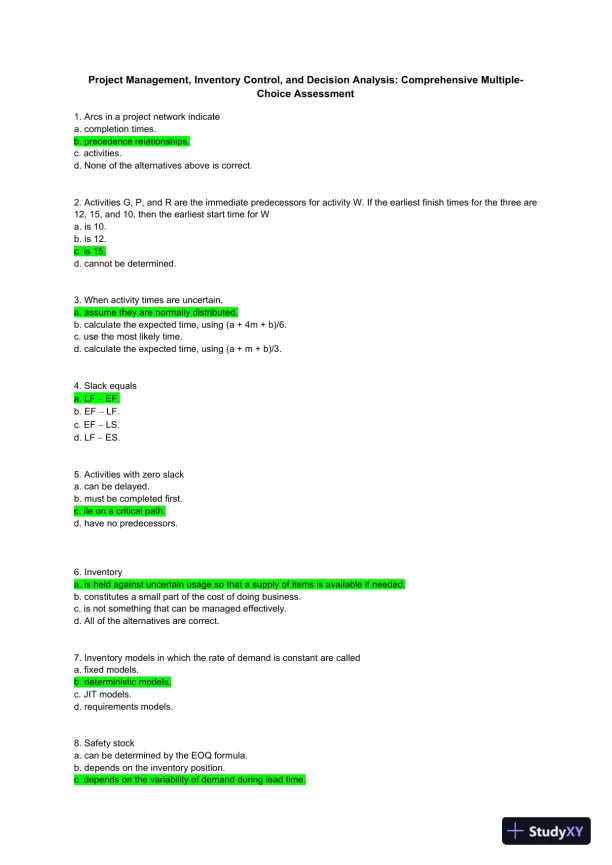 Project Management, Inventory Control, and Decision Analysis: Comprehensive Multiple-Choice Assessment - Page 1 preview image