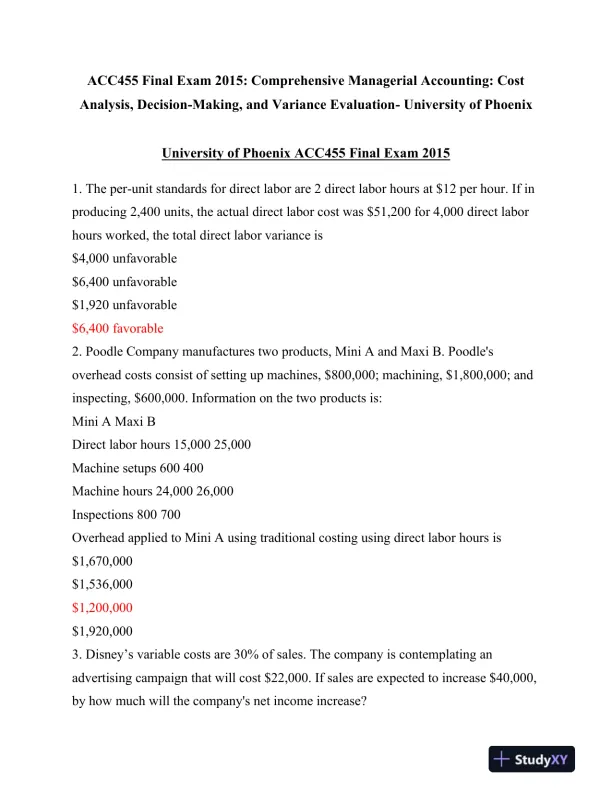 ACC455 Final Exam 2015: Comprehensive Managerial Accounting: University of Phoenix - Page 1 preview image