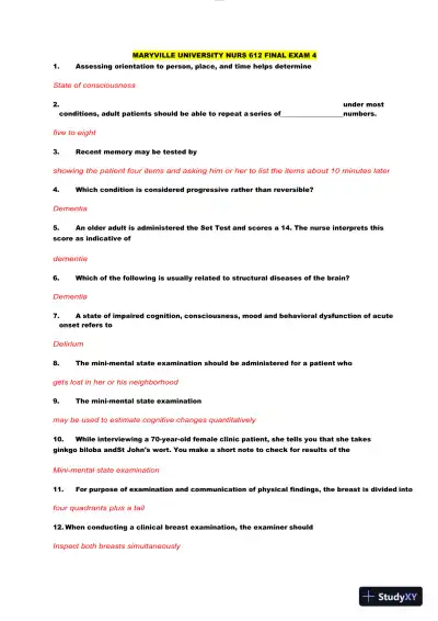 NURS612 Maryville University Pathophysiology Final Exam With Answers (114 Solved Questions) - Page 1 preview image