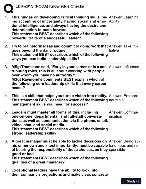 LDR-201S (NCOA) Knowledge Checks Practice Exam with Answers (47 Solved Questions) - Page 1 preview image