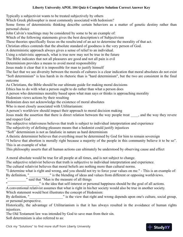 Liberty University APOL 104 Quiz 6 Complete Solution Correct Answer Key - Page 1 preview image