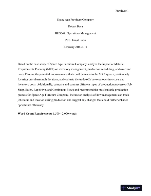 BUS644: Operations Management: Space Age Furniture Company - Page 1 preview image