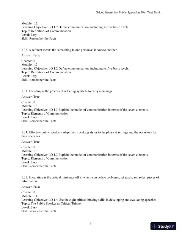 Test Bank for Mastering Public Speaking, 10th Edition - Page 13 preview image