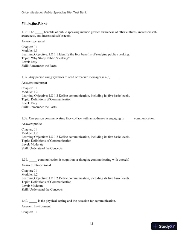 Test Bank for Mastering Public Speaking, 10th Edition - Page 14 preview image