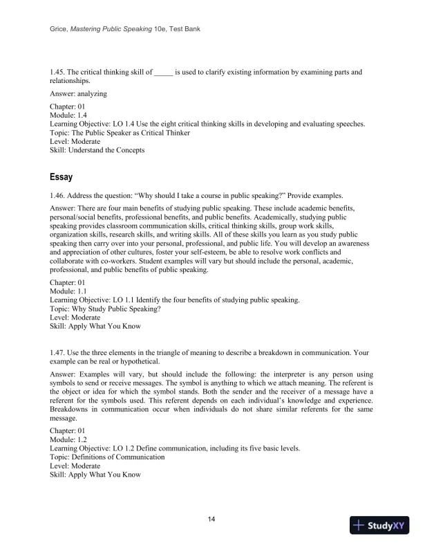 Test Bank for Mastering Public Speaking, 10th Edition - Page 16 preview image