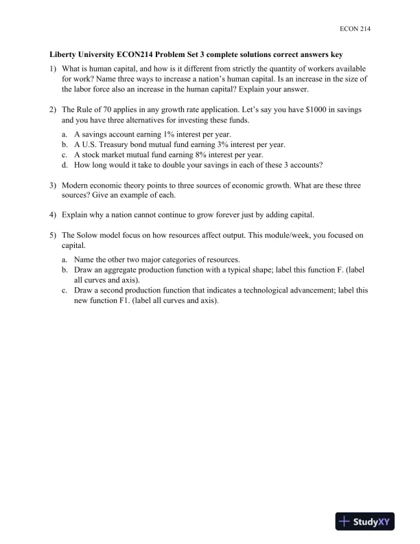 Liberty University ECON214 Problem Set 3 Complete Solutions Correct Answers Key - Page 1 preview image
