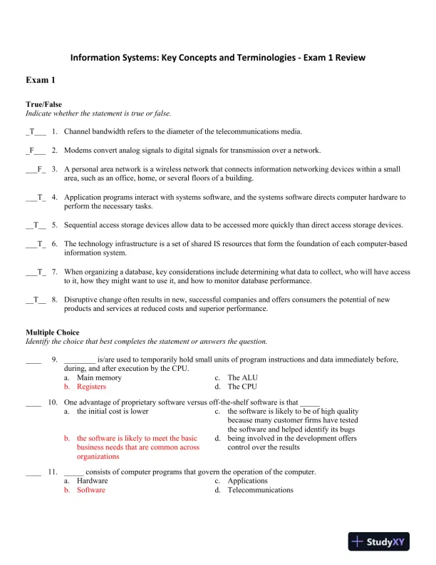 Information Systems: Key Concepts and Terminologies - Exam 1 Review - Page 1 preview image
