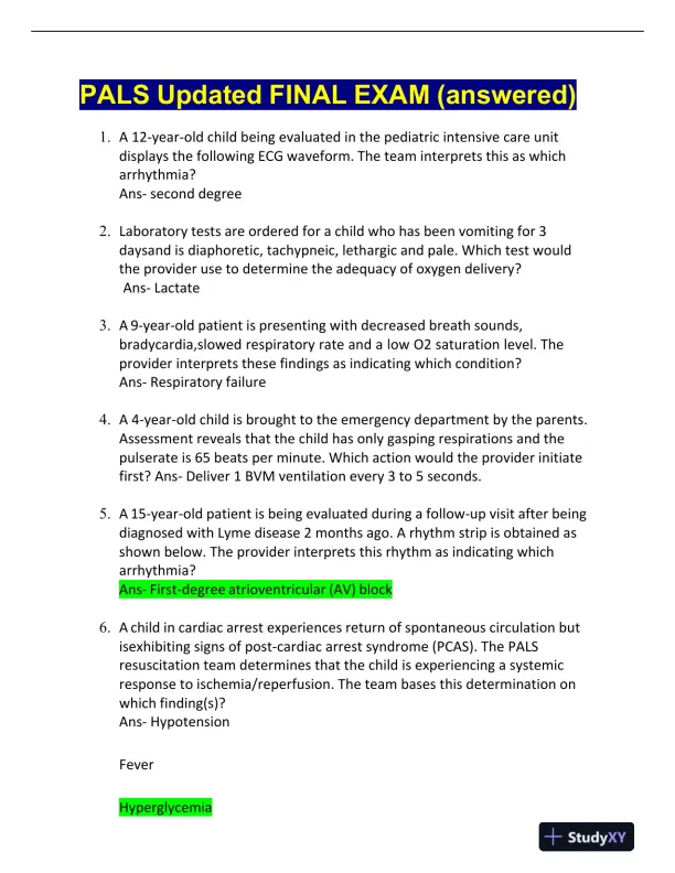 PALS Pediatrics Final Exam With Answers (50 Solved Questions) - Page 1 preview image