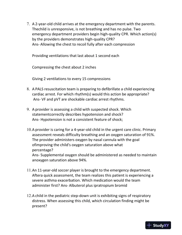 PALS Pediatrics Final Exam With Answers (50 Solved Questions) - Page 3 preview image