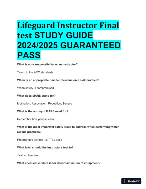 2024-2025 Lifeguard Instructor Final Test Study Guide with Answers (18 Solved Questions) - Page 1 preview image