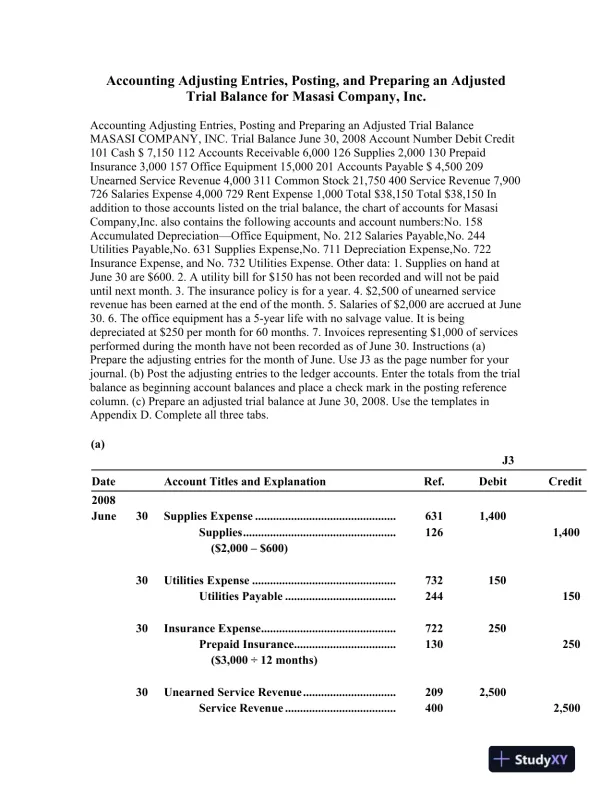 Accounting Adjusting Entries, Posting, and Preparing an Adjusted Trial Balance for Masasi Company, Inc - Page 1 preview image