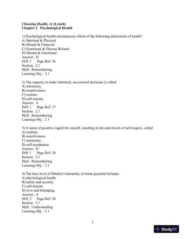 Test Bank for Choosing Health, 3rd Edition - Page 26 preview image