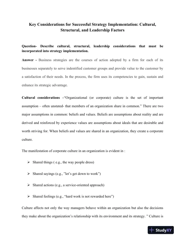 Key Considerations for Successful Strategy Implementation: Cultural, Structural, and Leadership Factors - Page 1 preview image