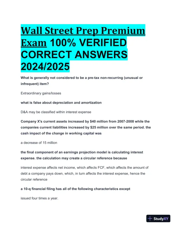 2024-2025 Wall Street Prep Premium Exam with Answers (50 Solved Questions) - Page 1 preview image