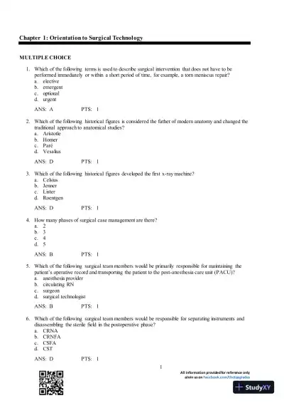 Test Bank For Surgical Technology for the Surgical Technologist: A Positive Care Approach, 4th Edition - Page 1 preview image