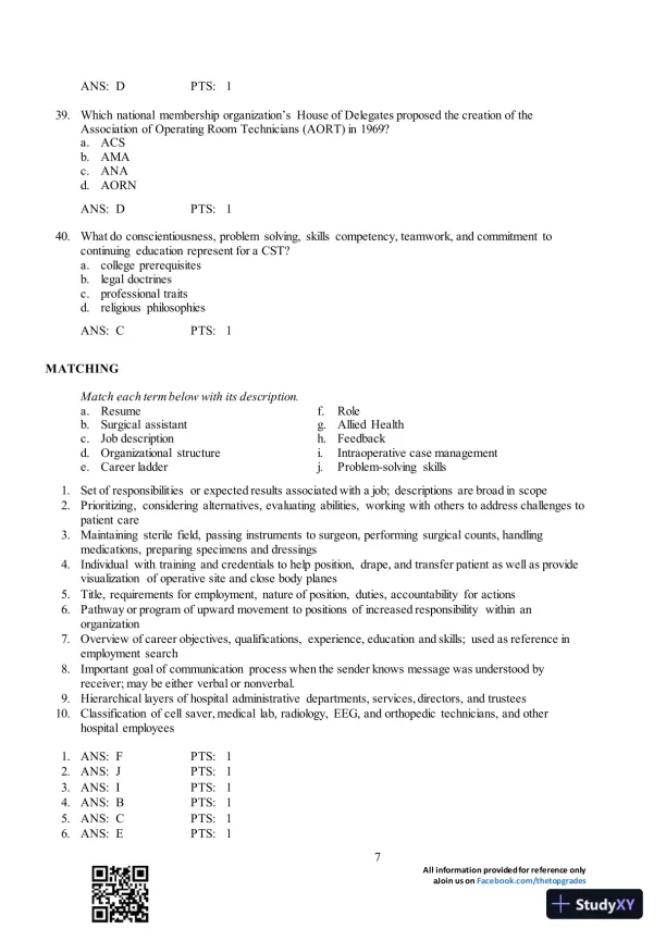 Test Bank For Surgical Technology for the Surgical Technologist: A Positive Care Approach, 4th Edition - Page 8 preview image