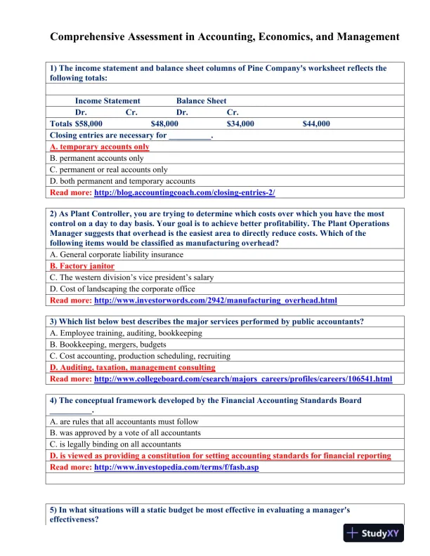 Comprehensive Assessment in Accounting, Economics, and Management - Page 1 preview image