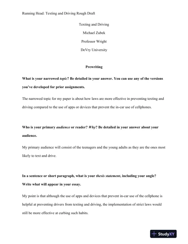 Texting and Driving Rough Draft Devry University - Page 1 preview image