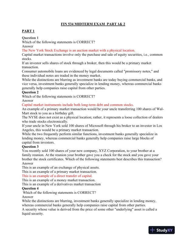 FIN 534 Midterm Exam Part 1& 2 - Page 1 preview image