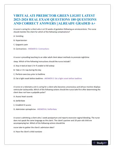 2023-2024 ATI Nursing Diagnosis Virtual Predictor Green Light Real Exam With Answers (180 Solved Questions) - Page 1 preview image