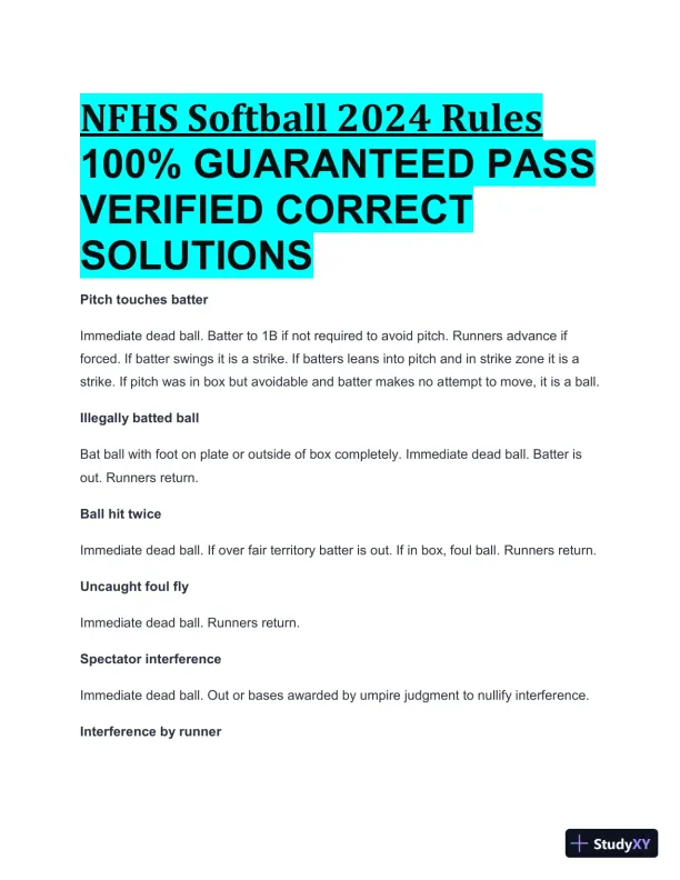 2024 NFHS Softball Rules Practice Exam with Answers (47 Solved Questions) - Page 1 preview image