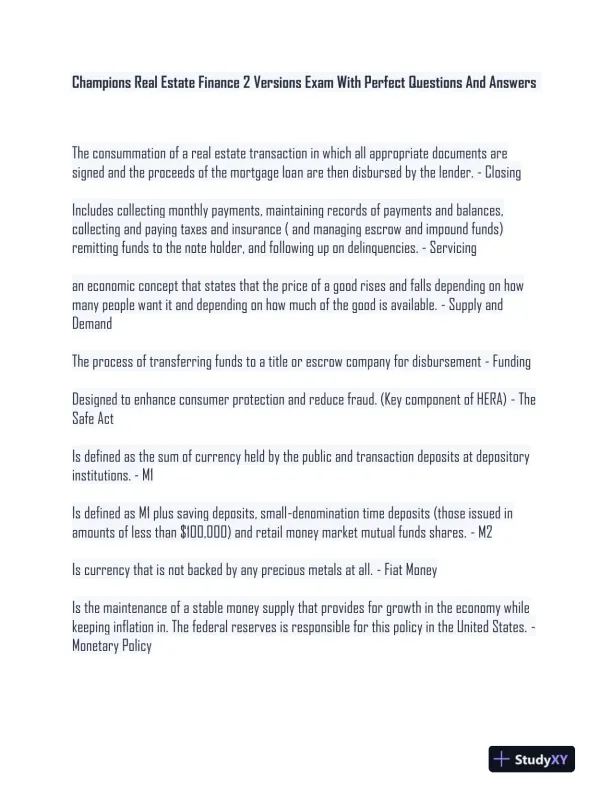 Champion Real Estate Finance Version 2 Exam With Answers (246 Solved Questions) - Page 1 preview image