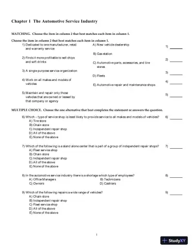 Test Bank for Automotive Service Management, 3rd edition - Page 1 preview image
