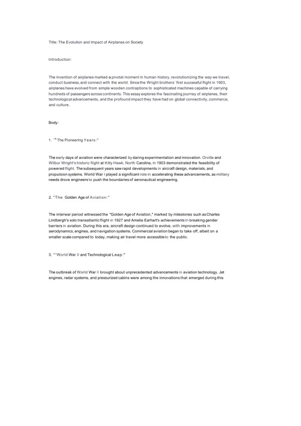 The Evolution of Airplanes Impact on Society & Glo - Page 1 preview image