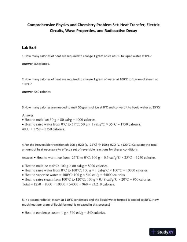 Comprehensive Physics and Chemistry Problem Set: Heat Transfer, Electric Circuits, Wave Properties, and Radioactive Decay - Page 1 preview image