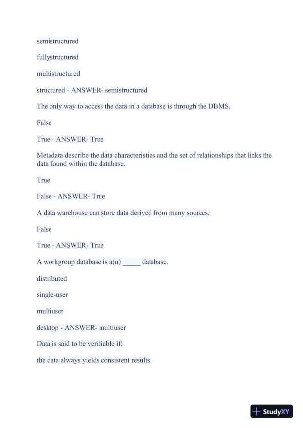 2023-2024 WGU C175/D426 Data Management Foundations OA Exam with Answers (531 Solved Questions) - Page 23 preview image