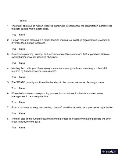 Strategic Planning for Human Resources, First Edition Test Bank - Page 1 preview image