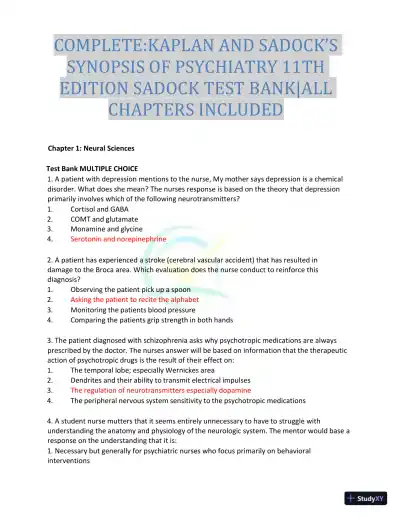 Test Bank for Kaplan and Sadock's Synopsis of Psychiatry: Behavioral Sciences/Clinical Psychiatry, 11th Edition (Chapters 1-37) - Page 1 preview image