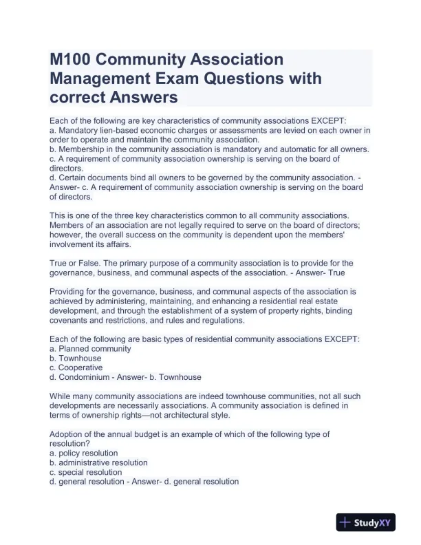 Community Association Management M100 Courses Exam With Answers (363 Solved Questions) - Page 1 preview image