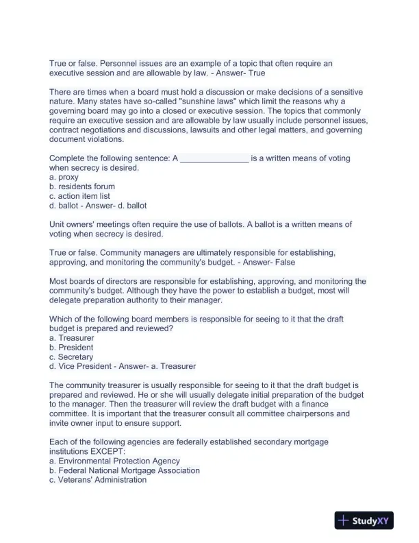 Community Association Management M100 Courses Exam With Answers (363 Solved Questions) - Page 11 preview image