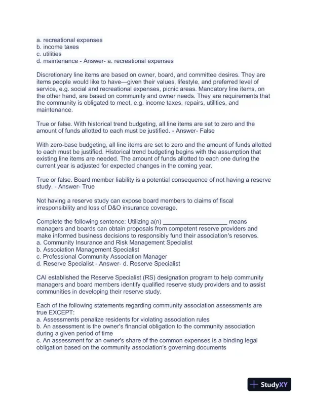 Community Association Management M100 Courses Exam With Answers (363 Solved Questions) - Page 13 preview image