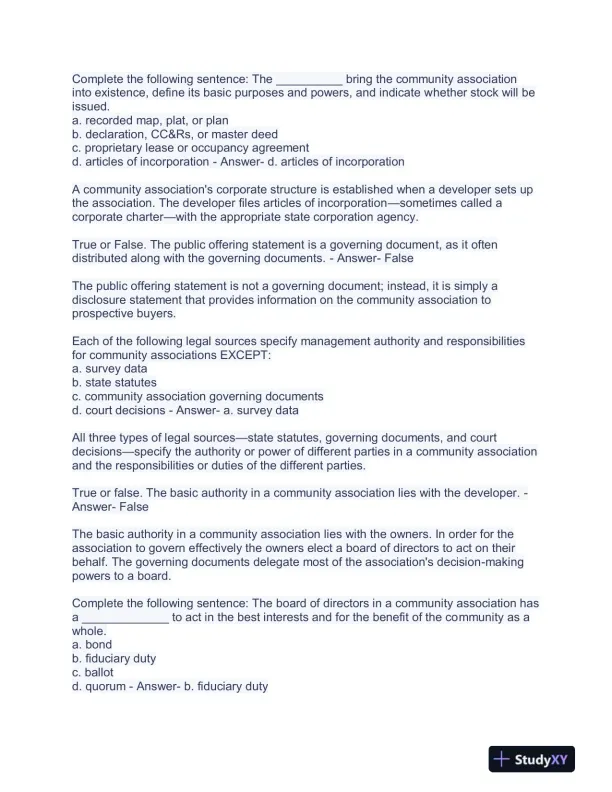 Community Association Management M100 Courses Exam With Answers (363 Solved Questions) - Page 4 preview image
