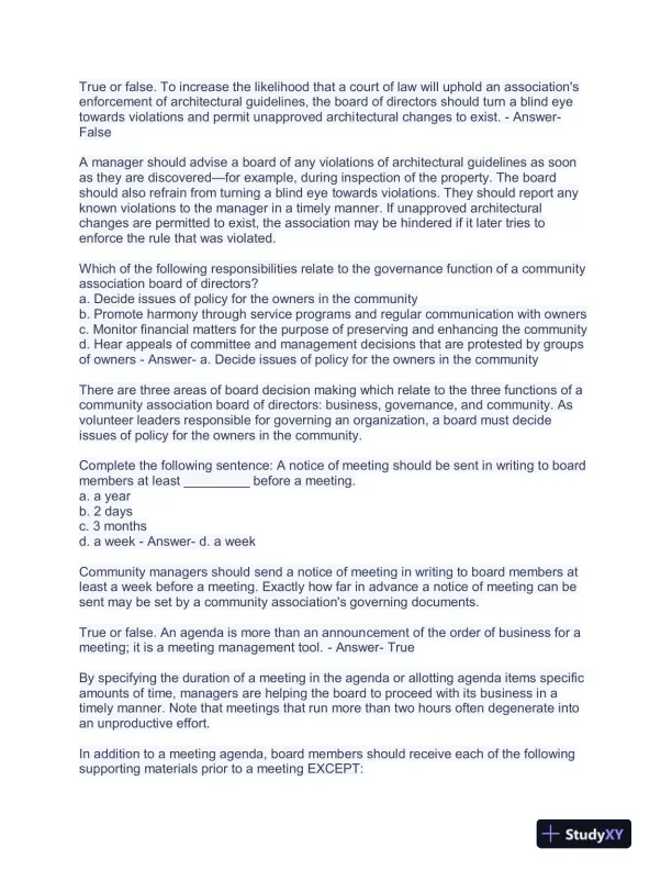 Community Association Management M100 Courses Exam With Answers (363 Solved Questions) - Page 9 preview image