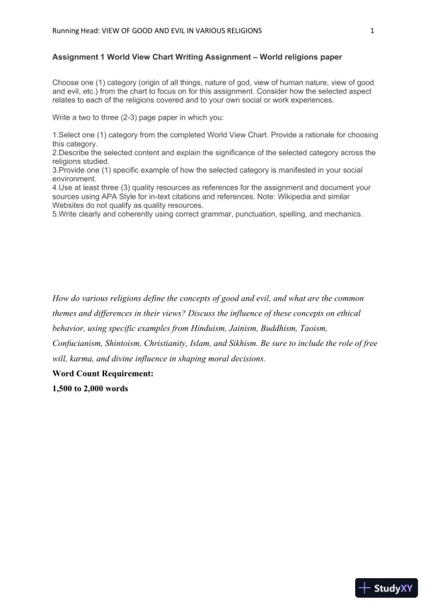 View of Good and Evil in Various Religions: Assignment 1 World View Chart Writing Assignment � World religions paper - Page 1 preview image