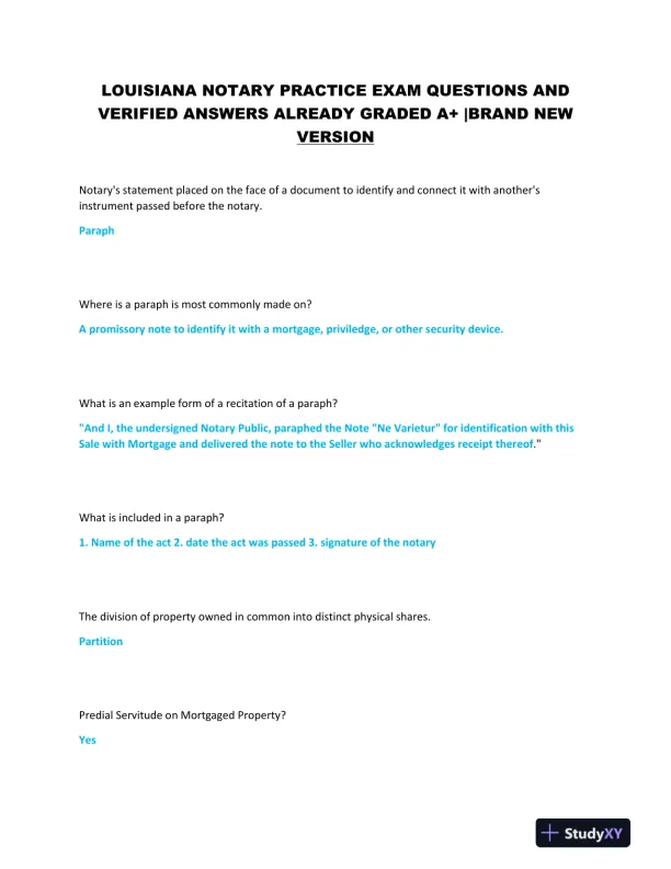 LOUISIANA NOTARY Practice Exam With Answers (136 Solved Questions) - Page 1 preview image
